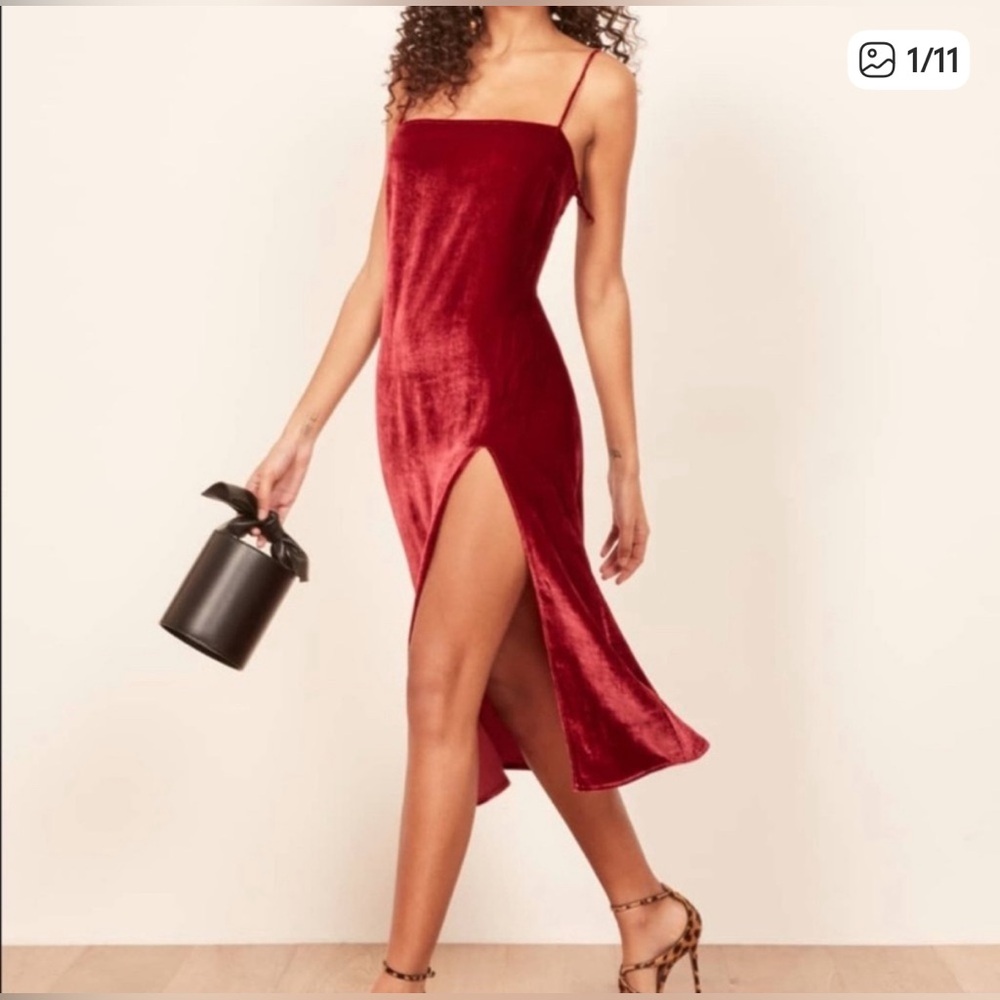 Reformation Crimini Velvet Midi Dress Red Slit Holiday Cocktail Dress S